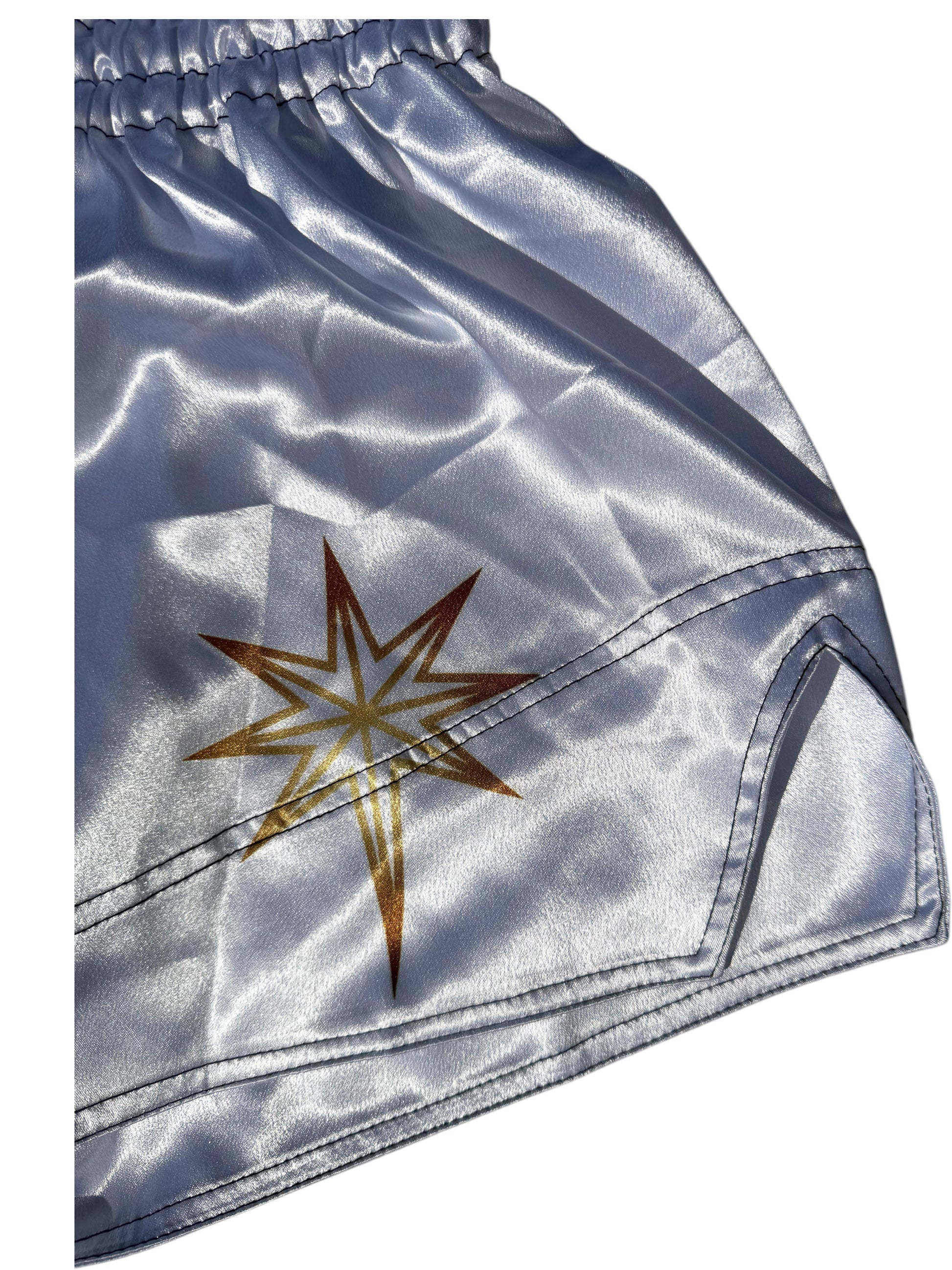 Lodestar Muay Thai shorts in light blue satin with a gold star logo and elastic waistband. Designed for performance and style.