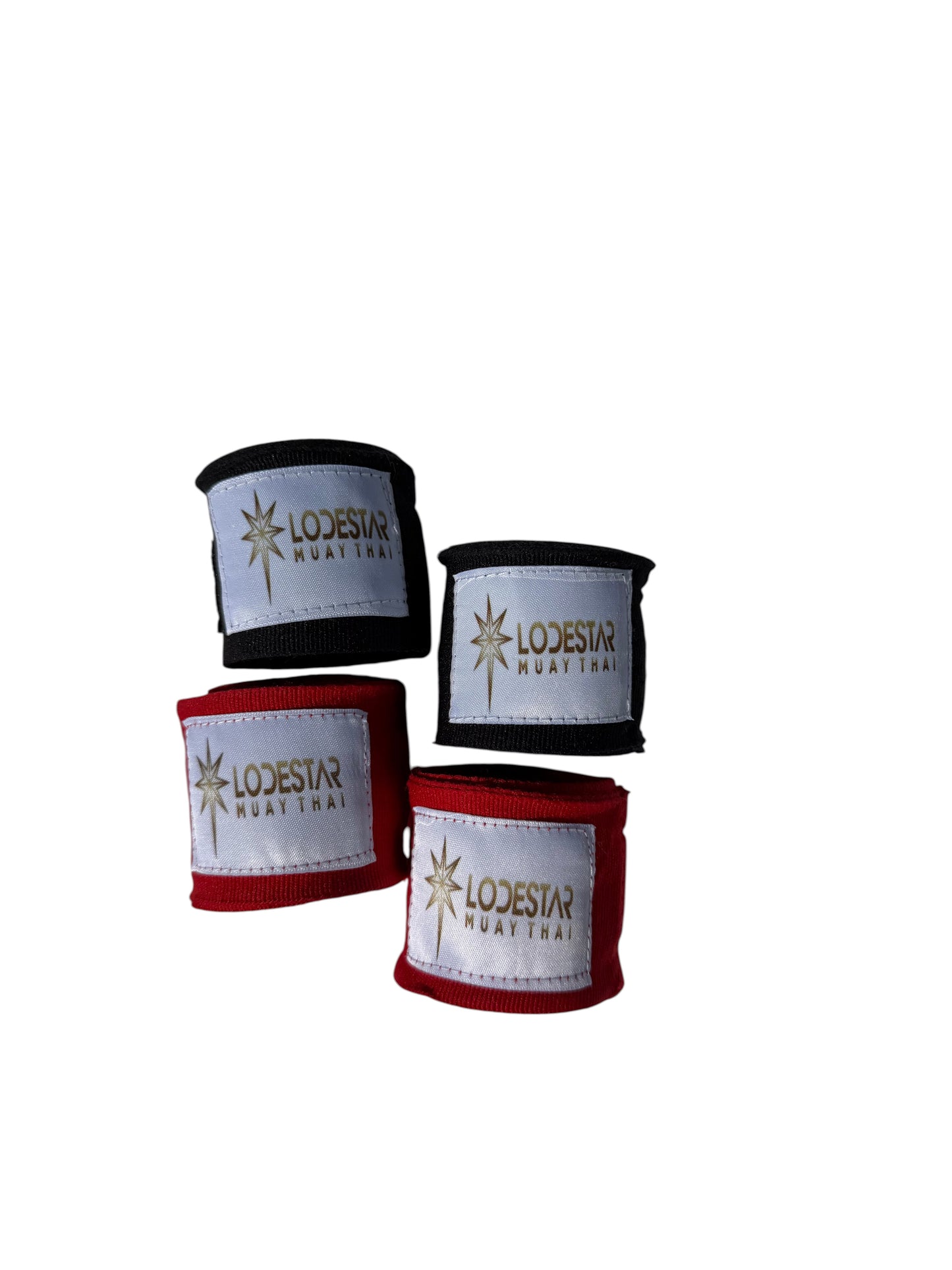 Lodestar Muay Thai hand wraps in black and red, made of cotton with a secure hook-and-loop closure for training.